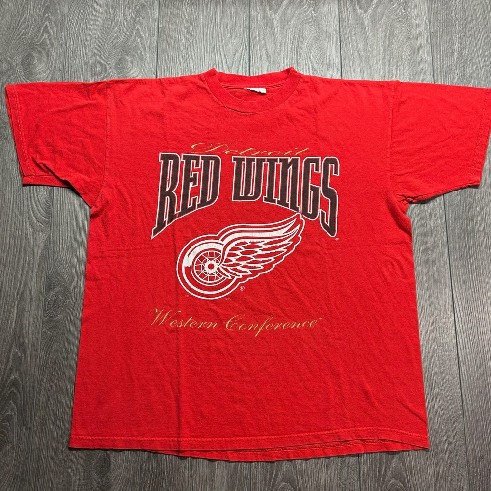 Vintage Detroit Red Wings T Shirt XL Red Western Conference NHL Hockey Mens